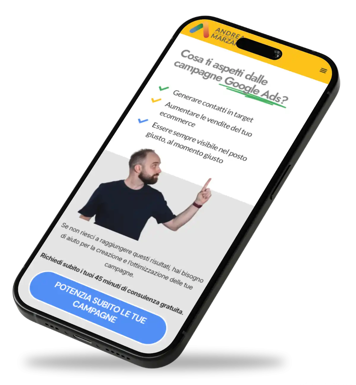 Smartphone diagonale che mostra la landing page di un consulente di Google Ads.