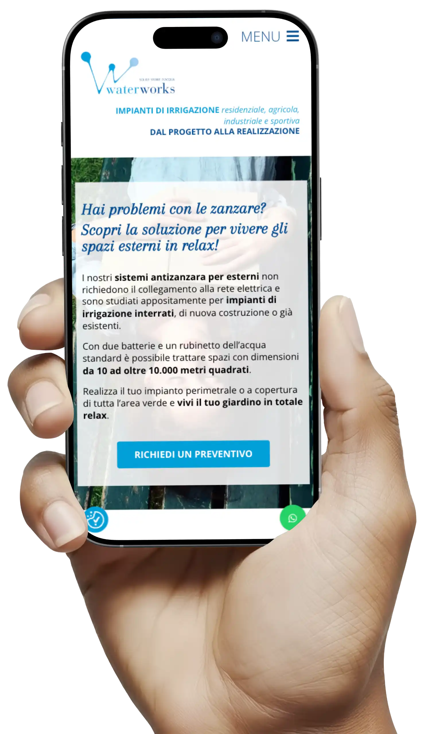 Mano che sorregge uno smartphone sul quale è mostrata la landing page del sistema antizanzare by Water Works realizzata da Luca Giavara
