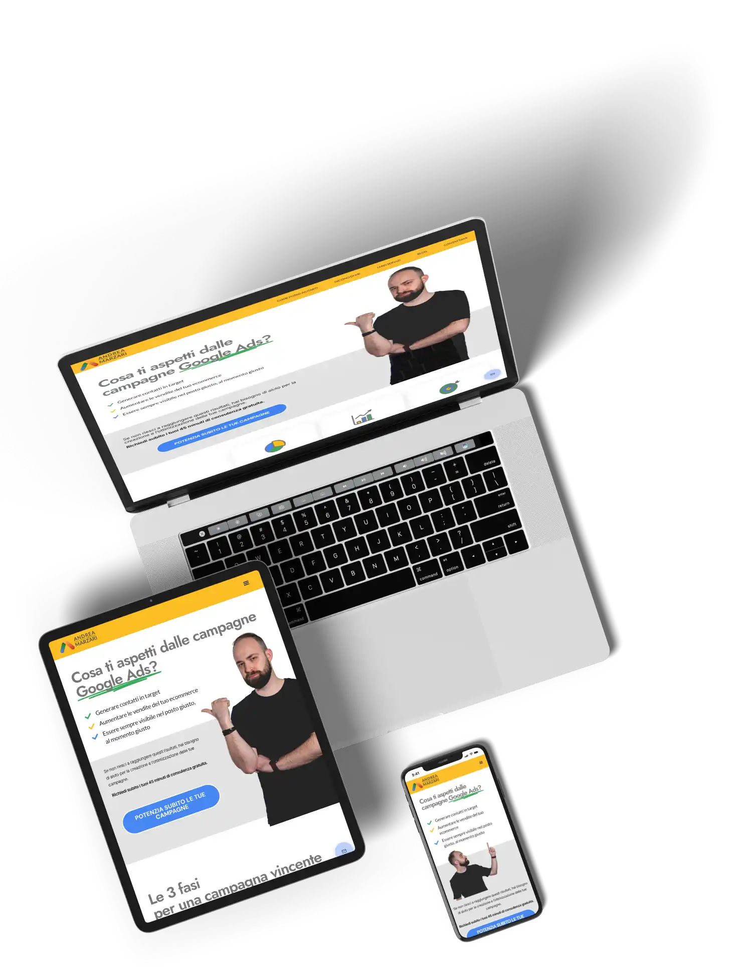 Landing page per i servizi di consulenza di Andrea Marzari mostrata su un MacBook, su un tablet verticale e su uno smartphone