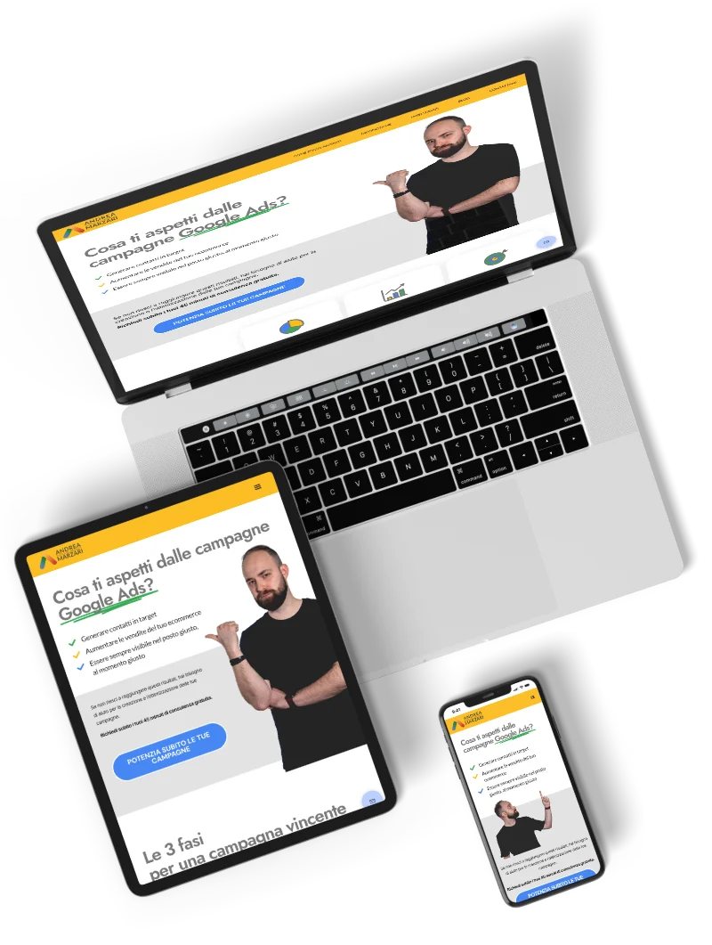 Landing page per i servizi di consulenza di Andrea Marzari mostrata su un MacBook, su un tablet verticale e su uno smartphone.