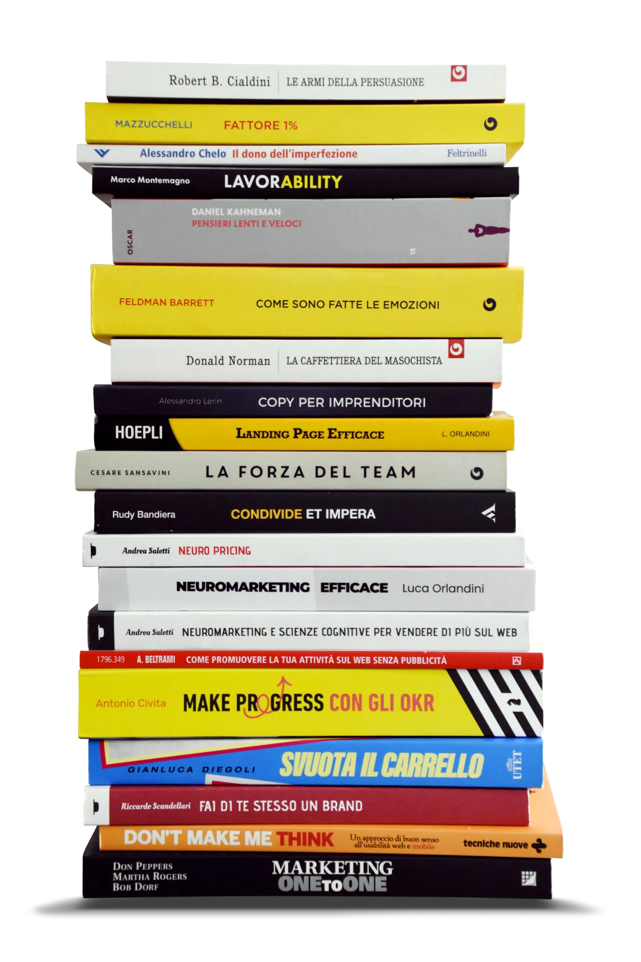 Pila di libri di comunicazione, marketing e psicologia scontornati su sfondo trasparente