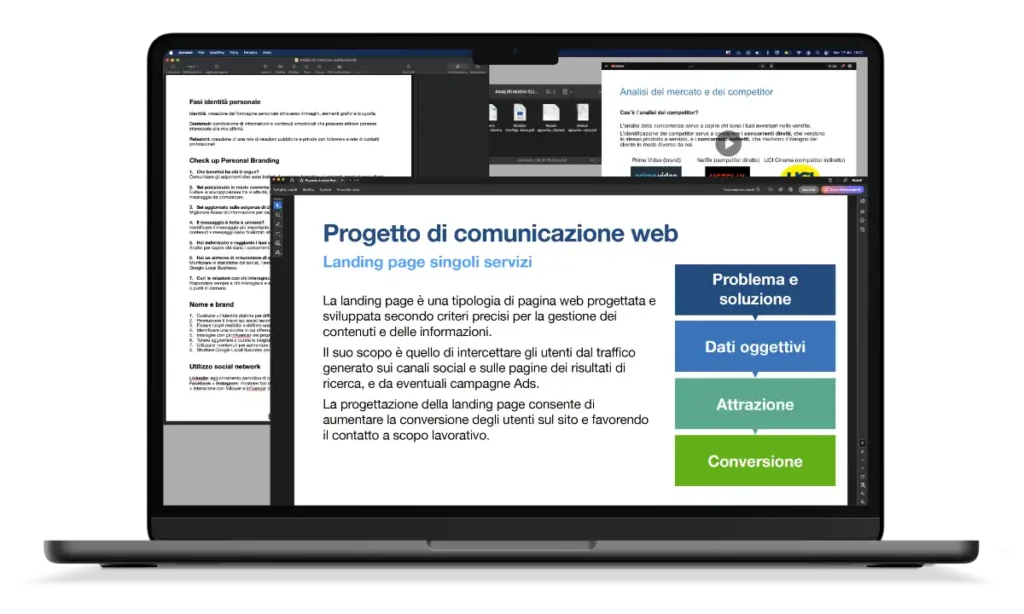 Computer portatile con schermo che mostra un progetto di comunicazione web, elaborato durante un percorso di consulenza di marketing