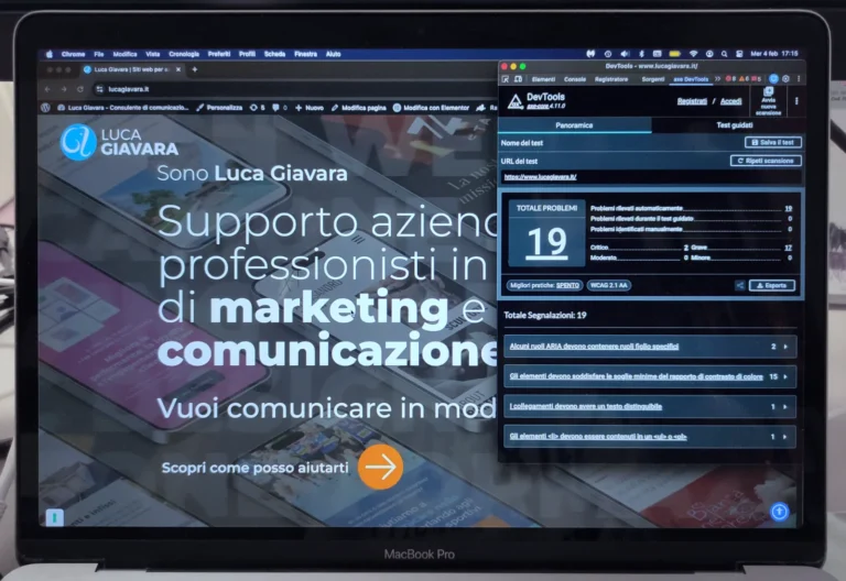 Monitor di un MacBook che mostra l'homepage del sito lucagiavara.it con il tool di analisi dell'accessibilità