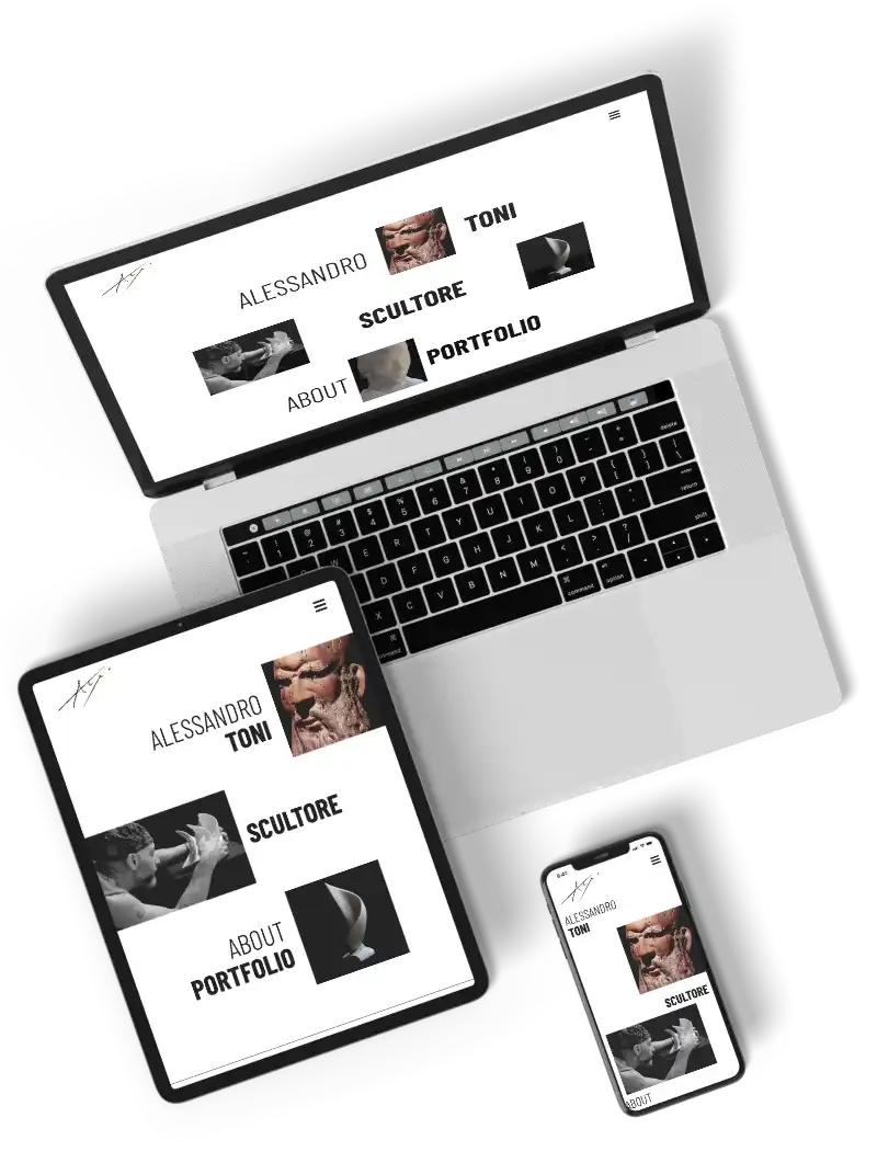 Homepage del sito web dello scultore Alessandro Toni mostrata su un MacBook, su un tablet verticale e su uno smartphone