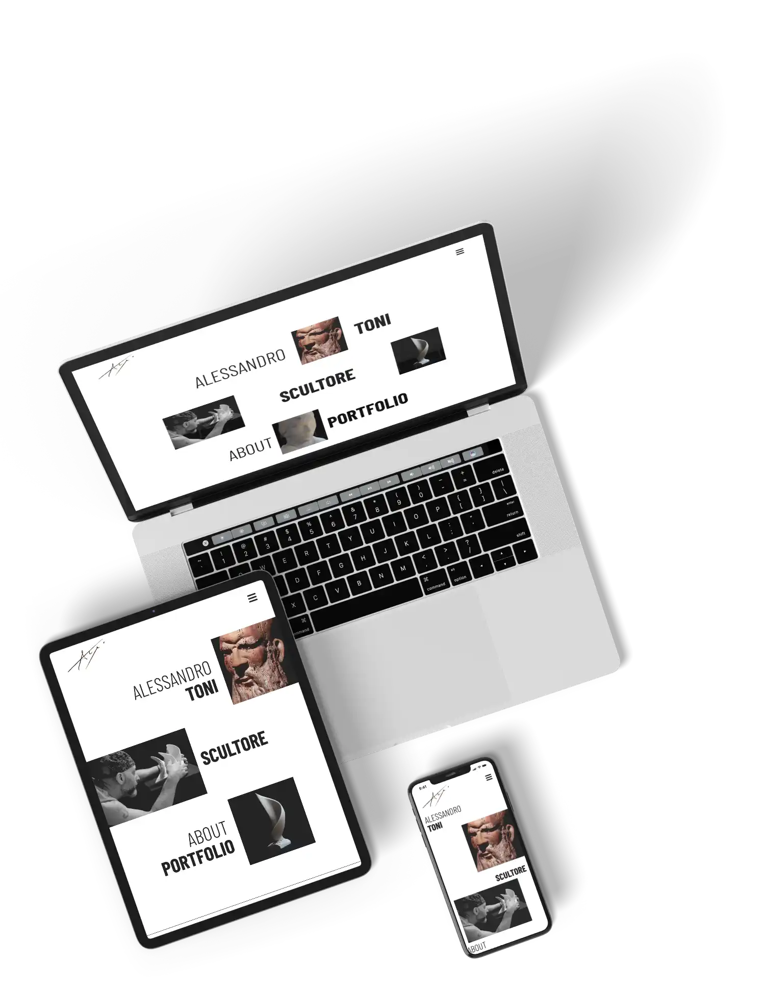 Homepage del sito web dello scultore Alessandro Toni mostrata su un MacBook, su un tablet verticale e su uno smartphone