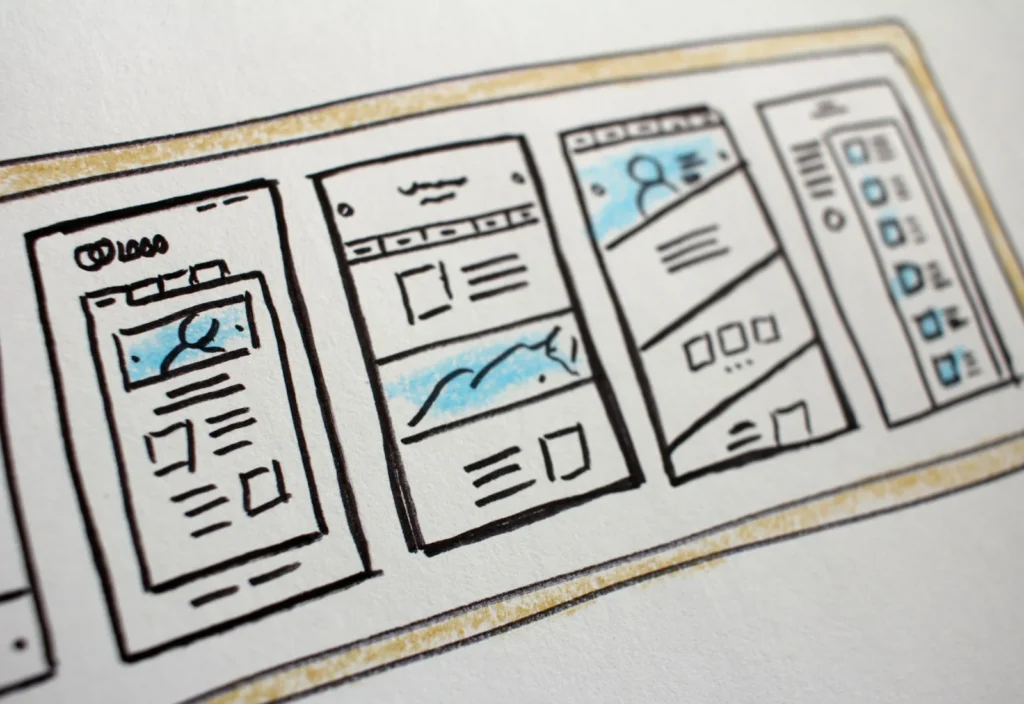 Foglio di carta con lo schema delle pagine di un sito web disegnate con un pennarello nero e con parti evidenziate in azzurro.
